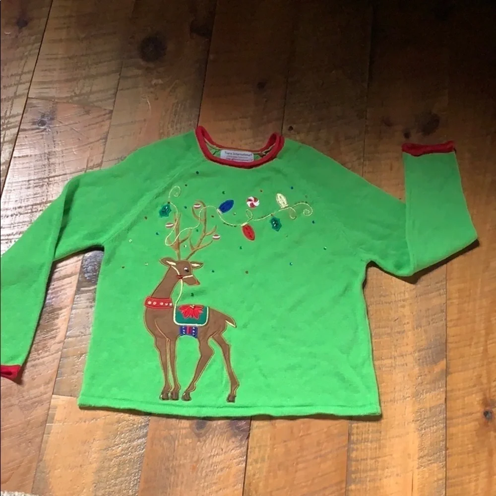 Tiara International Christmas reindeer sweater Green Size Medium